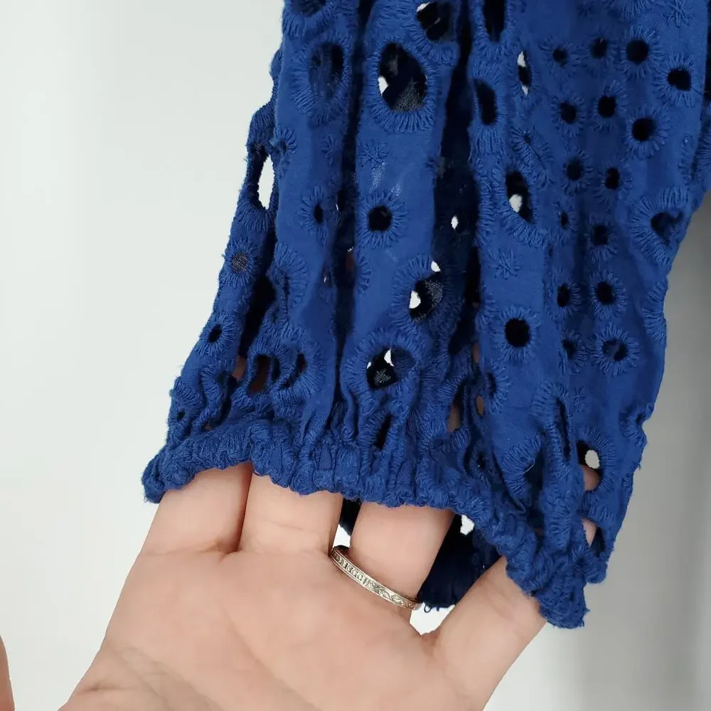 Lilly Pulitzer Kerrigan Elbow Sleeve Funflower Navy Eyelet Top Size XS